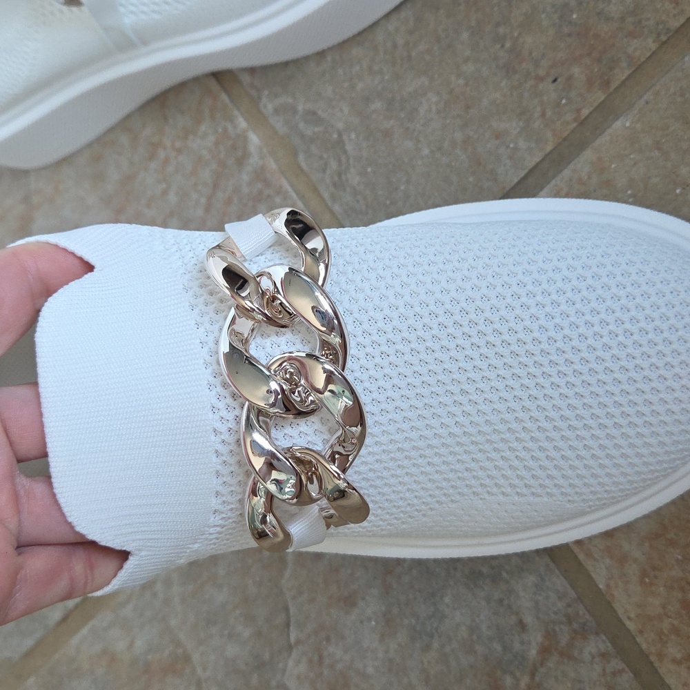 White Mesh Slip-On Sneakers Silvertone Chain Detail Chunky Wedge NWOT Sz 10 - Picture 13 of 17